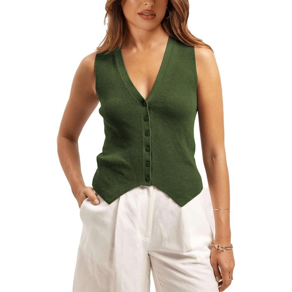 Women Sweater Vest Knit V Neck Button Sleeveless Casual Streetwear Large